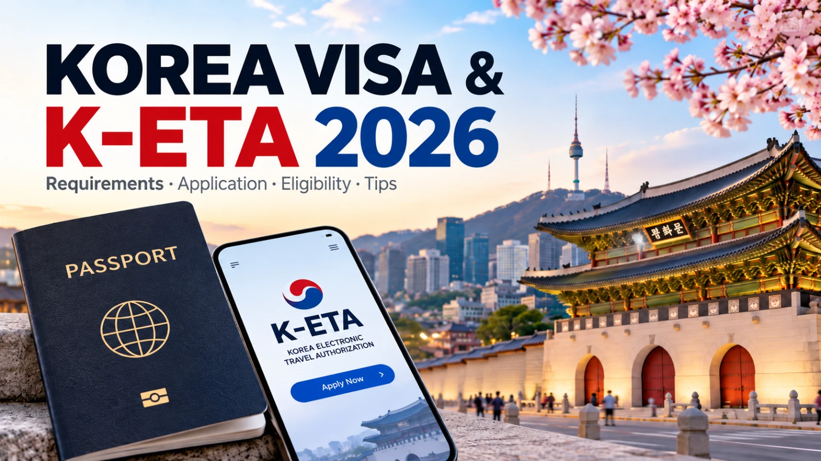 Korea visa and K-ETA 2026 guide: passport and K-ETA app on a phone in front of Gwanghwamun Gate and N Seoul Tower