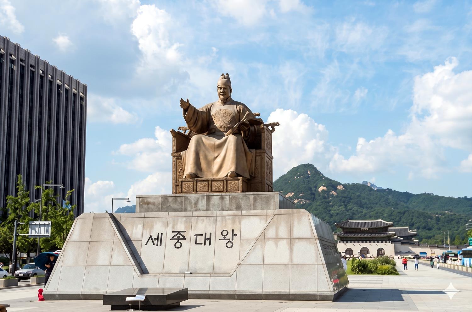 Statue of King Sejong the Great on Gwanghwamun Square with Gwanghwamun gate and Bugaksan behind